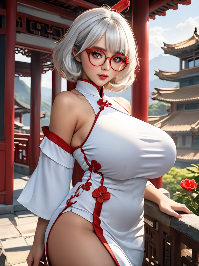 (Highly detailed CG Unity 8k wallpaper, masterpiece, top quality), (slanted eyes:1.3), (((asian girl)) wearing red summer dress), white hair, (girl standing in the city in the rain), face close up, face focus, detailed face, detailed eyes, detailed lips, (nose blush:0.9), (aroused), (((full lips))), (fake breasts:1.2), huge breasts, cleavage, dolly, bimbo, sexually suggestive, symmetrical breasts