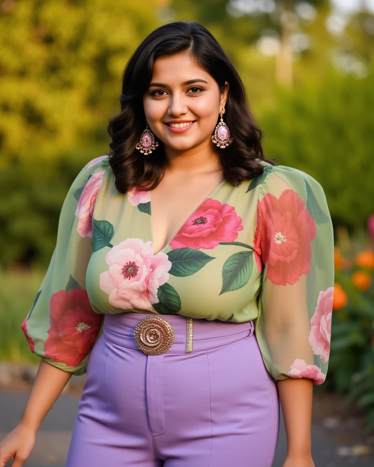 monali thakur Indian beautiful actress curvy plus size hour glass bulky figure woman, closeup camera view, wearing SHEIN CURVE+ Plus Size Vintage Vacation Leisure Floral Batwing Sleeve Shirt, different style hairstyle, bright eyes, thin eyebrows, fair skin, blushing cheeks, prefect head to toe view, full body view, City Rooftop Garden: A rooftop garden oasis in the heart of the city with plants, seating, and skyline views. smile face, black hair, Indian face, perfect skin tone light, ultra realistic skin texture