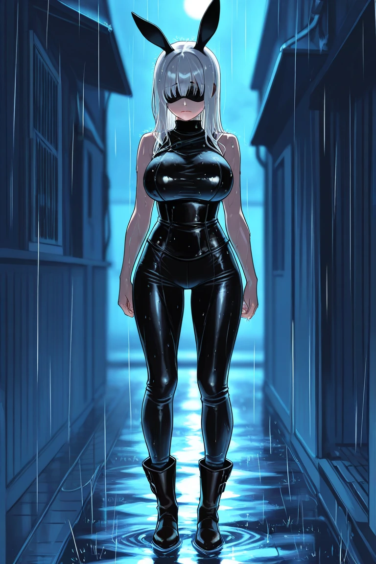 Detailed, 1 female, facing viewer, curvy, huge breasts, separated breasts, abs, white hair, undercut hair, really really dark skin girl, puckered lips, full lips , black spandex body suit, covered from head to toe, tiny hearts floating above head, blindfolded, extreme ahegao face, wet tongue, extremely wet crotch, sweating, flushed, tied to wall, ,legs spread apart, ankles tied to wall, hands behind back, intricate clothes lining,, night, raining, new york city, cozy apartment, living room, floor to ceiling window