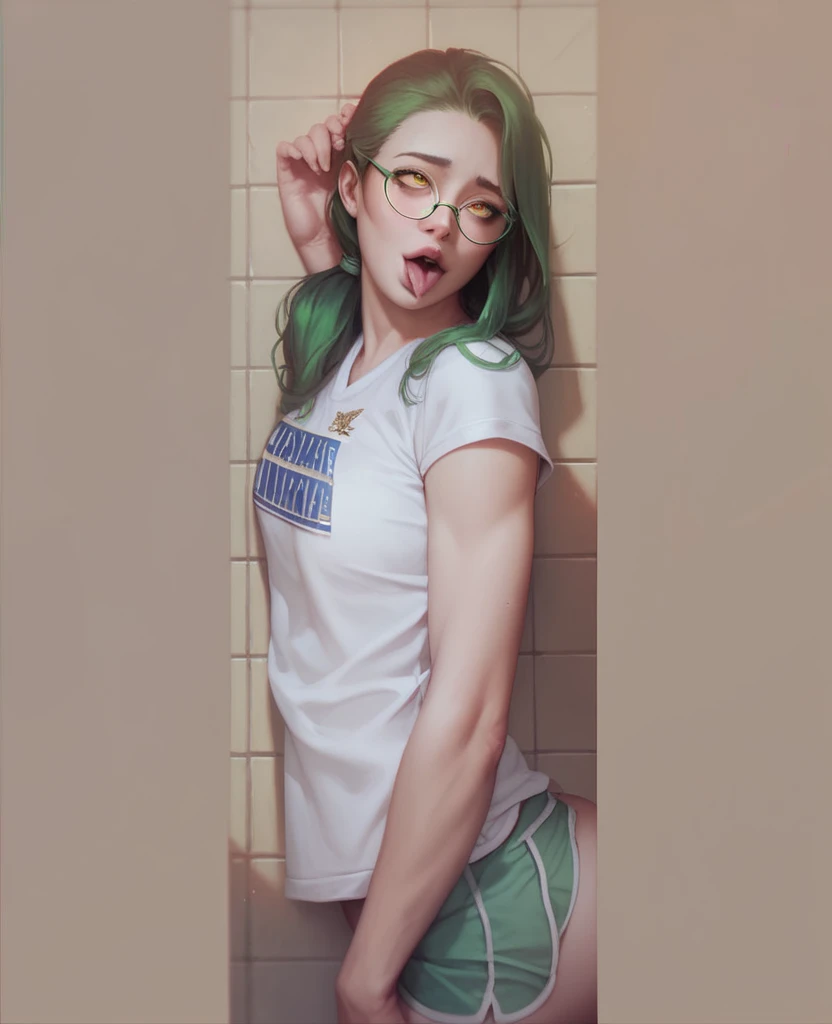 punk girl with glasses, naked, lying on a green bed, behind Rock poster in the background, short brown hair, detailed face, big breasts, lying with feet in the air, showing your plants, high quality, high resolution