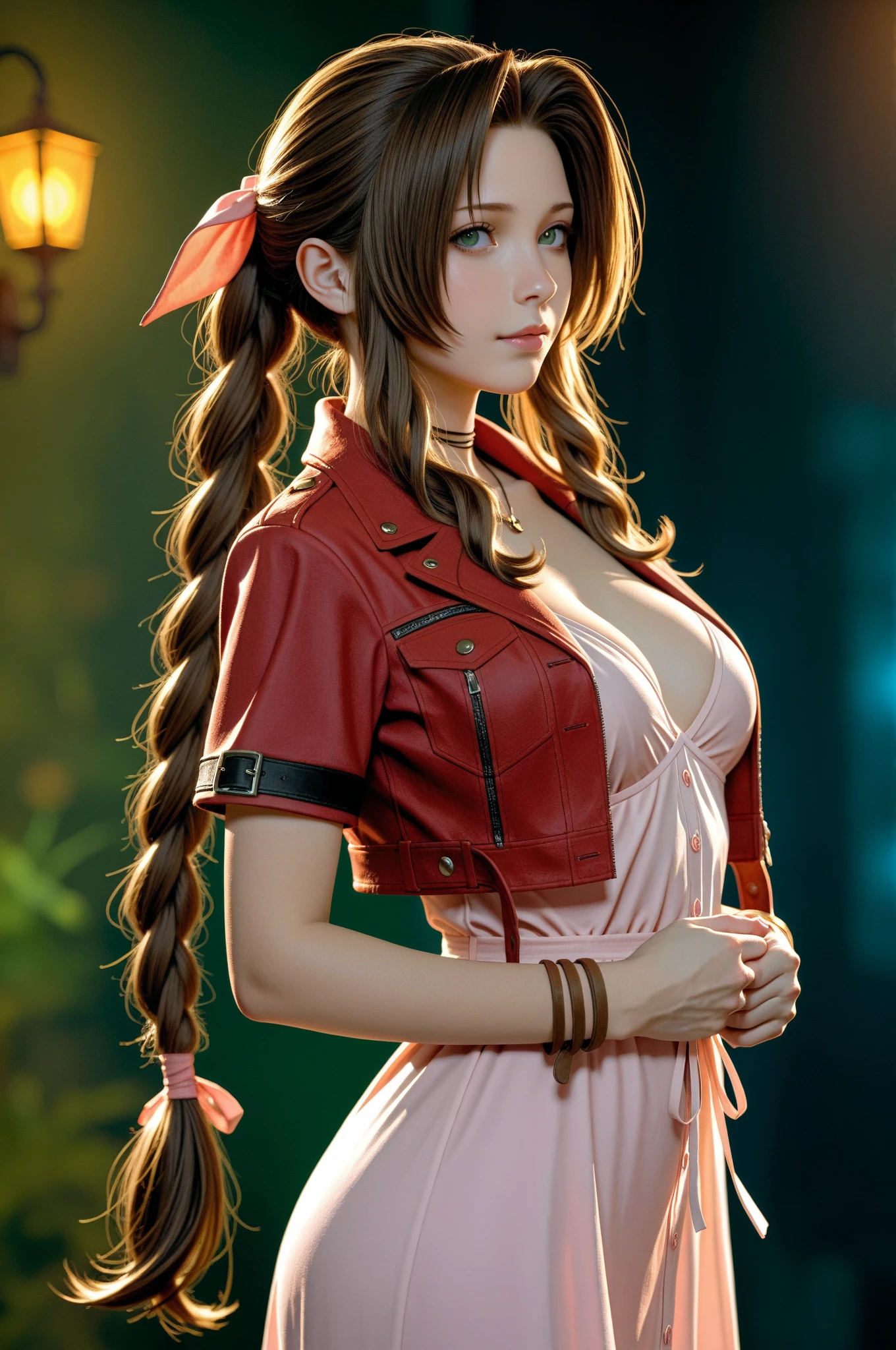 (((masterpiece))),((Highest quality)),(((photo realistic))),((look at viewer)),Beautiful girl, Aerith, Sexy witch, bangs、(Long Hair, Braided ponytail:1.5)、(((healthy shaped body, huge firm bouncing bust, Deep cleavage)))、23 years old、Translucent white skin, Clear emerald eyes, Sparkling sweat, (Gorgeous intricately structured red ruffle dress:1.65)、Japanese girl、 Beautiful digital artwork, Beautiful fantasy art, dynamic sely poses, A kind smile BREAK (simple white Background:1.6)