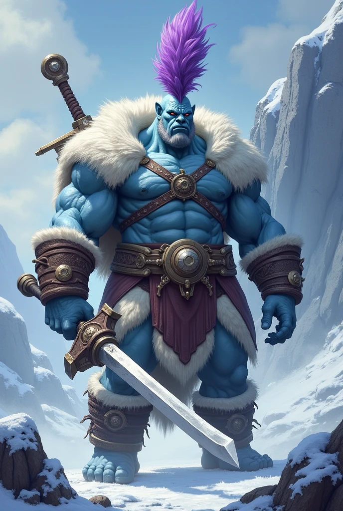 Half-troll barbarian, large axe in hand, roaring, half-troll, barbarian, d&d 5th edition, light blue skin, blue white eyes, long nose, big tusks, long white dredlocks hair, blue skin full body, not human, studded leather armor, no extra legs, big scary eyes, 475 lbs, 9'11", in a snow covered forest, blue skin, a troll with a large axe in a snowy area, male troll barbarian, fur-clad barbarian troll goliath, troll barbarian warrior, barbarian class, barbarian, picture of an adult male warrior, male warrior,ugly skinny male troll with leather armor, portrait berserker barbarian, frost giant,