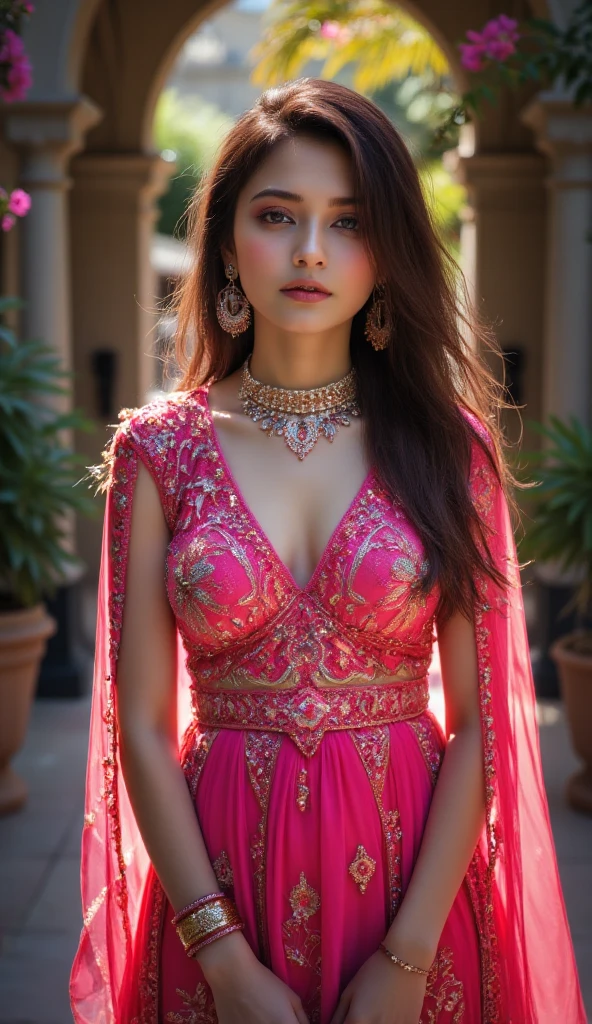 a beautiful nepali woman, detailed portrait, mid shot, elegant expression, flawless features, modern nepali attire, intricate embroidery, baby pink colors, radiant and graceful, captivating presence, photorealistic, high resolution, hyper detailed, cinematic lighting, warm color tones, masterpiece, stunning clarity and precision