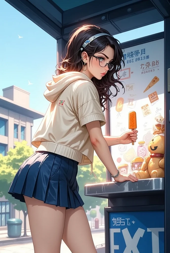 unparalleled masterpiece, 8k, (high quality:1.2) perfect artwork, outdoor, cowboy shot, 1girl, <lora:yoongonji-v1-lora-naivae-enc:0.7>, yoongonji, (korean mixed, kpop idol:1.2), (Gyaru:1.2,bad girl,school uniform:1.2, skirt), (socks:1.2), earrings, hairspray, (frizzy hair:1.2), hair highlights, large breasts, clean, beautiful face, pure face, pale skin, (colored inner hair:1.103), (detail hair:1.08), (Long eyelashes:1.1), (hyper extreme detailed:1.05), stunning lighting effects, <lora:add_detail:1>, (Sitting in front of a convenience store:1.2), eating popsicles,