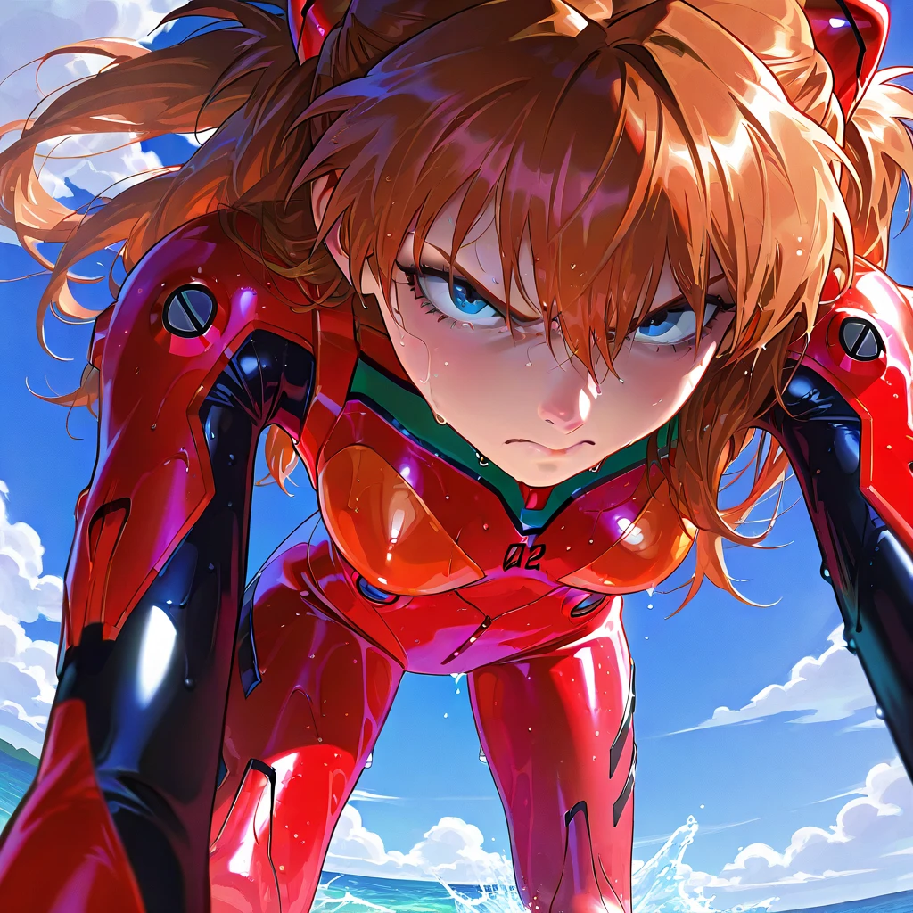 Asuka Langley ,masterpiece, Highest quality,,city,cyber punk,night,rain,moon, , blush, Captivating look,