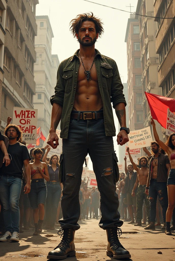 Man with big gold cord, gold watch, Ripped Jean pants , homem abordo de navio de madeira com mulheres no fundo