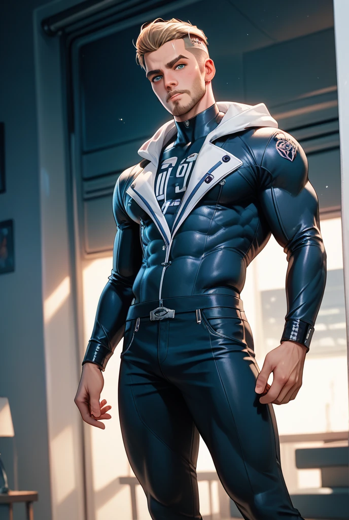Allad man in white and black clothes sitting on a soft sofa in a luxurious and spacious bedroom, American round inch, Buzz Cut, muscle male hero, heroic male pose, muscular! Wearing black sunglasses, round head Buzz Cut, stealth suit, super buff and cool, high resolution committee, Chris Redfield, character design cop, black military boots, charismatic strong male with armor, sunlight shining through the window, peaceful atmosphere in the afternoon