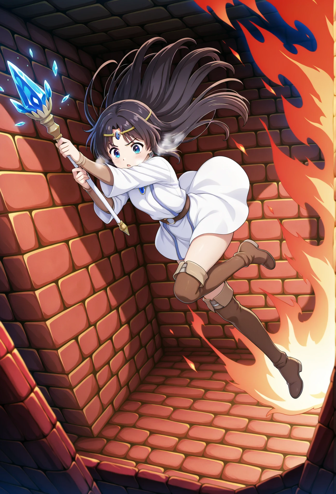 A maiden with dark hair wearing a short white tunic, thigh-high hide boots and circlet, holding a short rod with a blue crystal tip, flying leap, inside a red brick dungeon, above a dragon-like monster breathing fire, alone, in full view in a highly detailed anime style