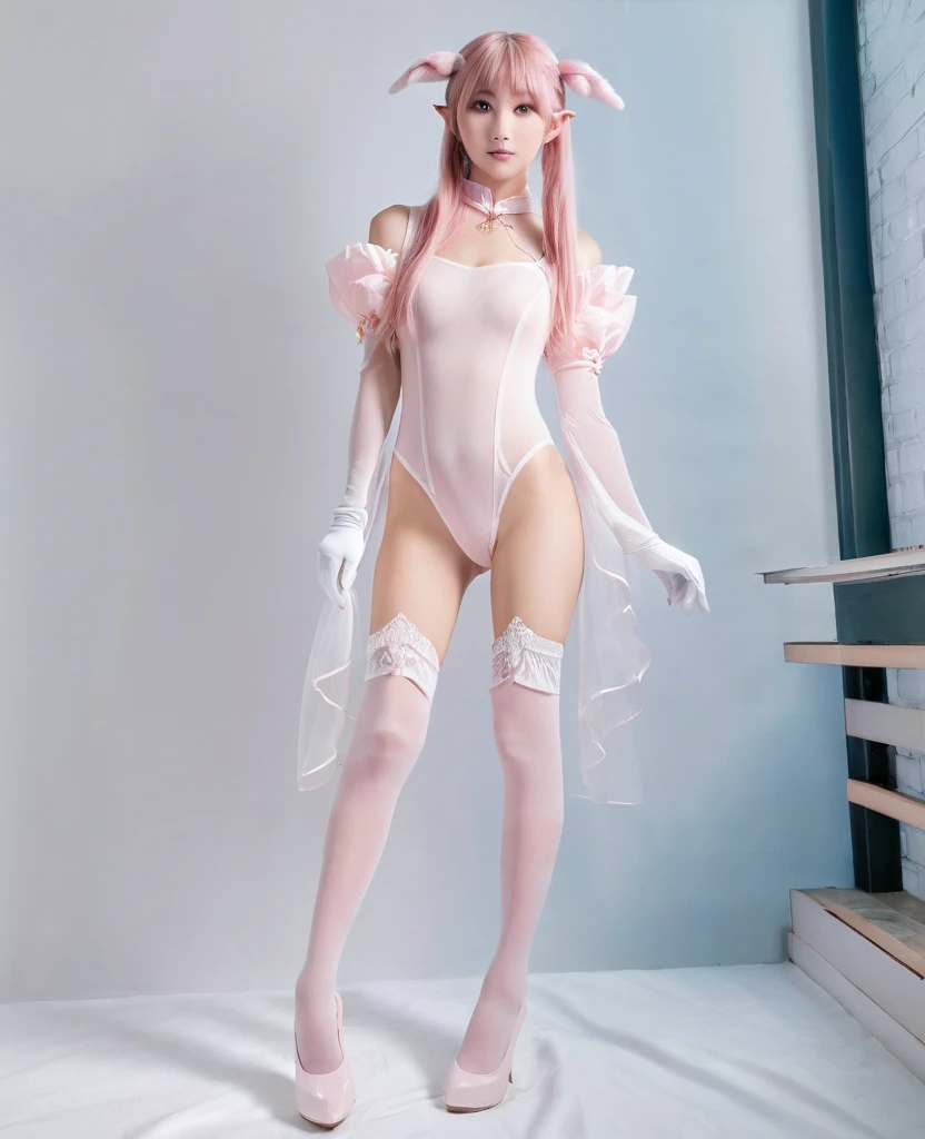 Portrait photo of a 8 year old spanish girl soaking wet wearing reavealing strapless skimpy barely there top with cutouts with skintight tight bridal skirt, no underwear, bridal train, completely , bridal veil, bridal garter , white thigh high boots, very long straight hair, hair ribbon, bridal choker, bridal gloves, shiny pink hair, nipple pasties, look up at camera, cute pose, wet in shower, shower background, backlit, (cinematic:1.5), epic realistic, hyperdetailed, insane details, intricate details, accent lighting, soft volumetric light, bokeh, (dramatic light:1.2), (neutral colors:1.3), cross process