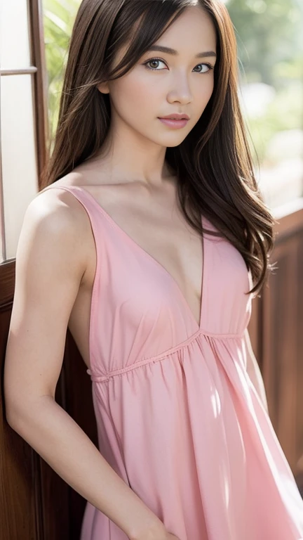 Gentle portrait of a beautiful Asian woman, flowing hair, captivating blue eyes, delicate features, radiant smile, natural makeup, elegantly dressed, ((Pink colour Boatneck Sleeveless Vintage Tea Dress)),  ( hair adornment、bow ribbon、frilld、shairband、Jewelry Accessories ), gentle expression, slight blush, warm skin tones, fantastic lighting, soft shadows, high-resolution digital painting, realistic style, artistic interpretation, by a skilled portraitist.