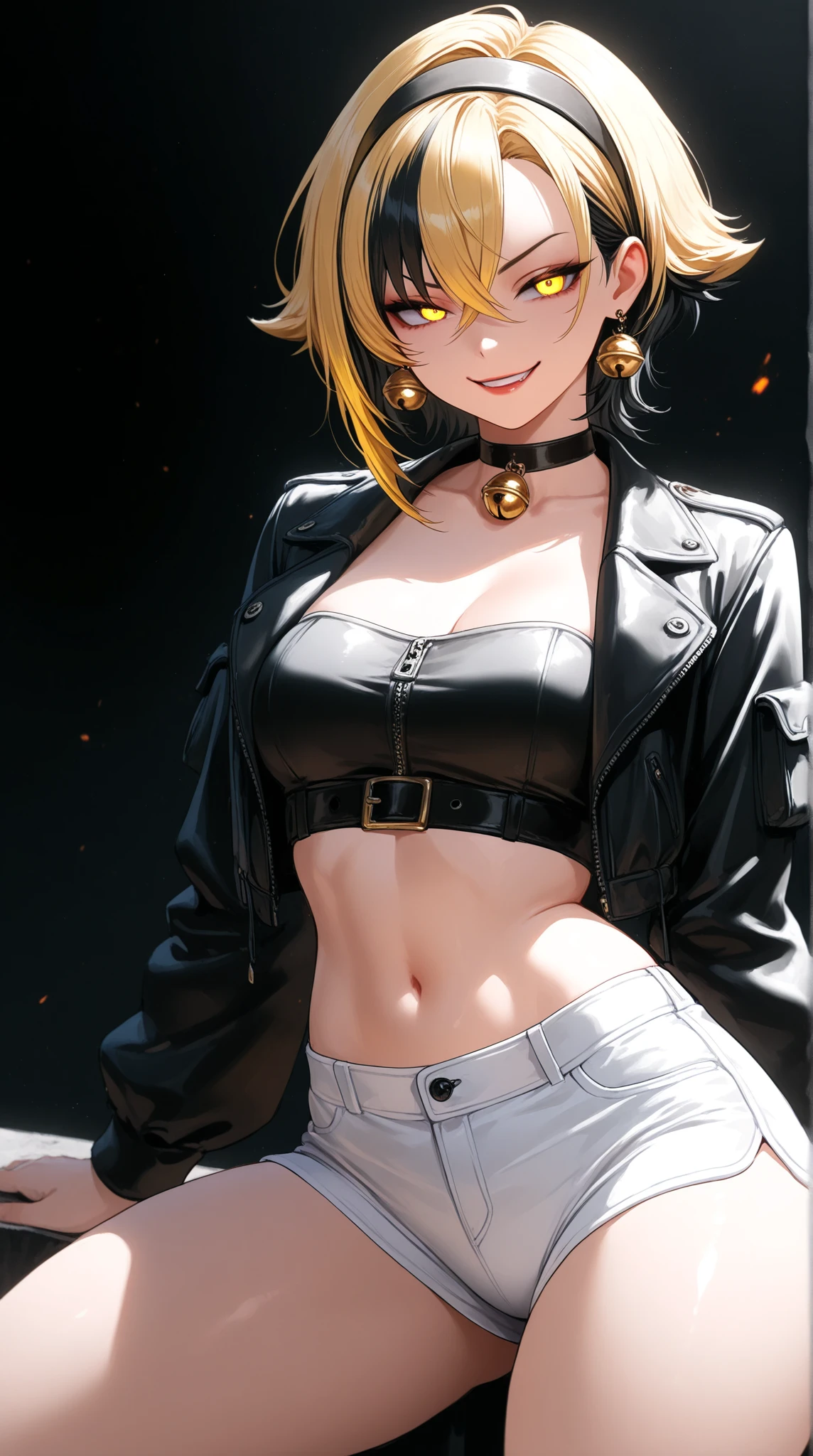 (masterpiece, best quality:1.2), expressive eyes, perfect face, highres, 1girl, solo, cindy aurum, baseball cap, cropped jacket, cleavage, orange bra, black gloves, belt, denim shorts, black stockings, white boots, smiling, standing, upper body, looking at the viewer