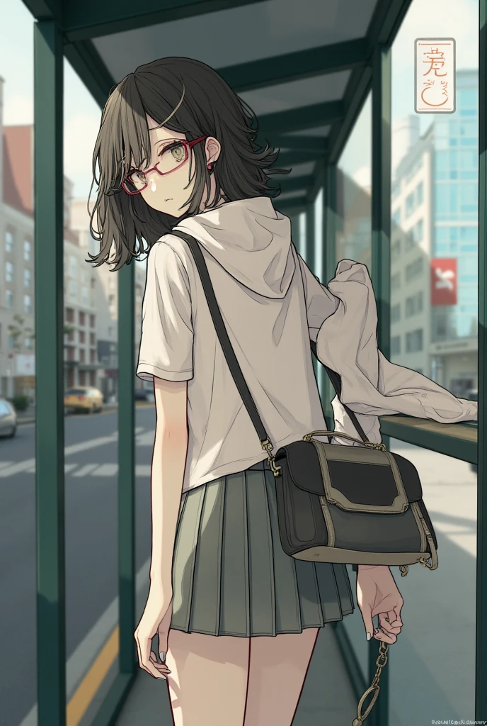 ((Highest Quality、masterpiece、high sensitivity、high resolution、detailed depiction、depicting a delicate face、Fvalue:6.0),((Slender Woman、wearing glasses)),Short sleeve hoodie、pleated skirt、Hold a shoulder bag、Lean over at the bus stop and bring、