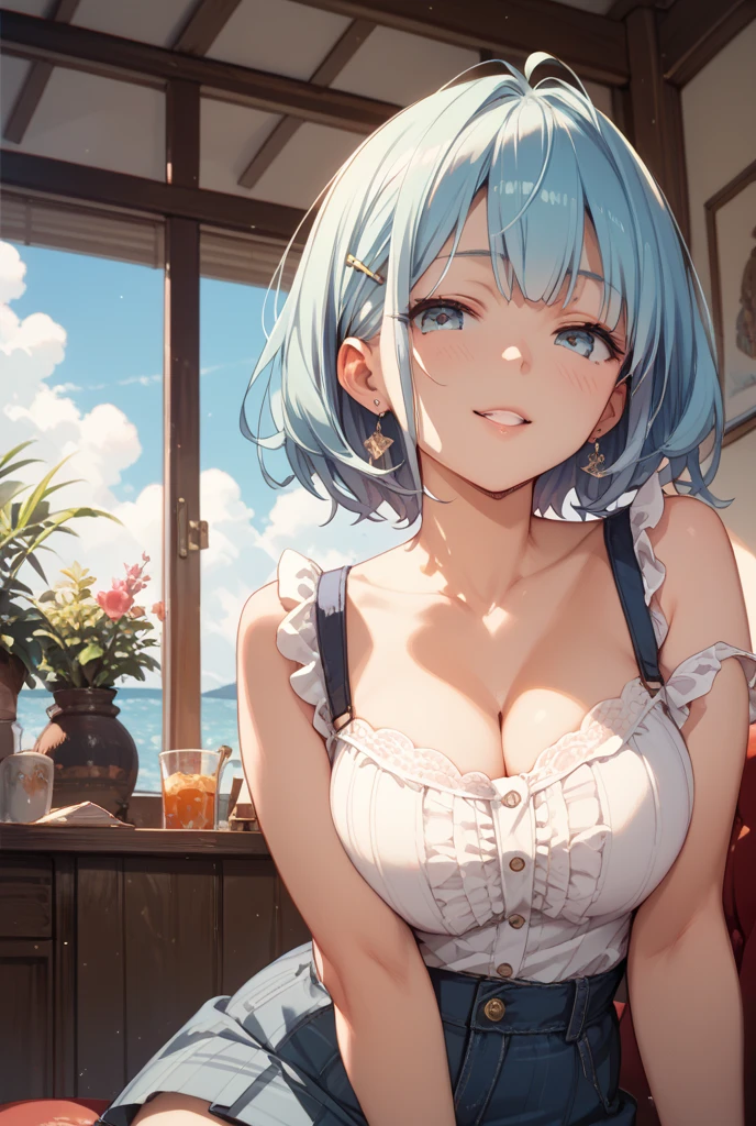 (high quality, 8k, 4K, High Contrast, masterpiece:1.2, 最high quality, Best aesthetics), , Maid, Very detailed, Seductive and erotic girl with lace headdress, smile, (Normal milk, Silver fur), Focus on the face, Focus on the face, Complex eyes, tights, laced tights, coffee shop, Ground angle shot, Viewer looking up, feet in tights, Open-chested clothing