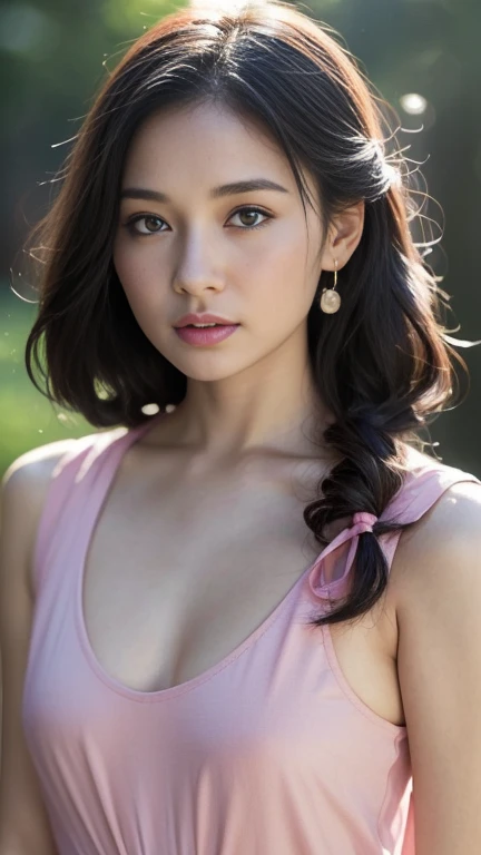 Gentle portrait of a beautiful Asian woman, flowing hair, captivating blue eyes, delicate features, radiant smile, natural makeup, elegantly dressed, ((Pink colour Boatneck Sleeveless Vintage Tea Dress)),  ( hair adornment、bow ribbon、frilld、shairband、Jewelry Accessories ), gentle expression, slight blush, warm skin tones, fantastic lighting, soft shadows, high-resolution digital painting, realistic style, artistic interpretation, by a skilled portraitist.