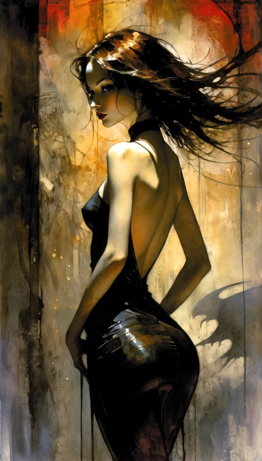 very sexy girl, tight black dress, long straight dark brown hair, small breasts, in the club, perfect ass, dances, has fun, eroticism, sexy, black and white image, between shadows, oil painting, chiaroscuro, sensual, dramatic lighting, moody atmosphere, photorealistic, intricate details, masterpiece, ultra-detailed, high quality, 8k, best quality, realistic, cinematic, dark and brooding, expressionistic, powerful composition, emotional impact, art inspired by Bill Sienkiewicz and Dave McKean

