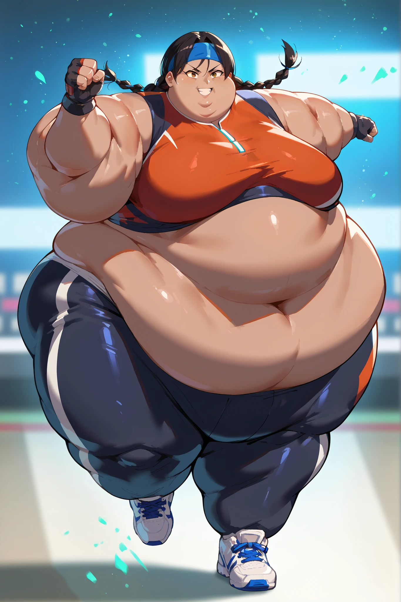 masterpiece, best quality, 1girl, solo, absurdres, 
large breasts,
jentry,
black hair, brown eyes, twin braids, dark skin,
dougi, sneakers, spandex, headband, fingerless gloves
 high up, standing on one foot, poised before executing a spinning kick, cinematic angle, smile, 
attack, fighting stance, full body, fat,SSBBW
city, 
 glowing, light particles,
blurry background, 
embedding:SmoothQuality,