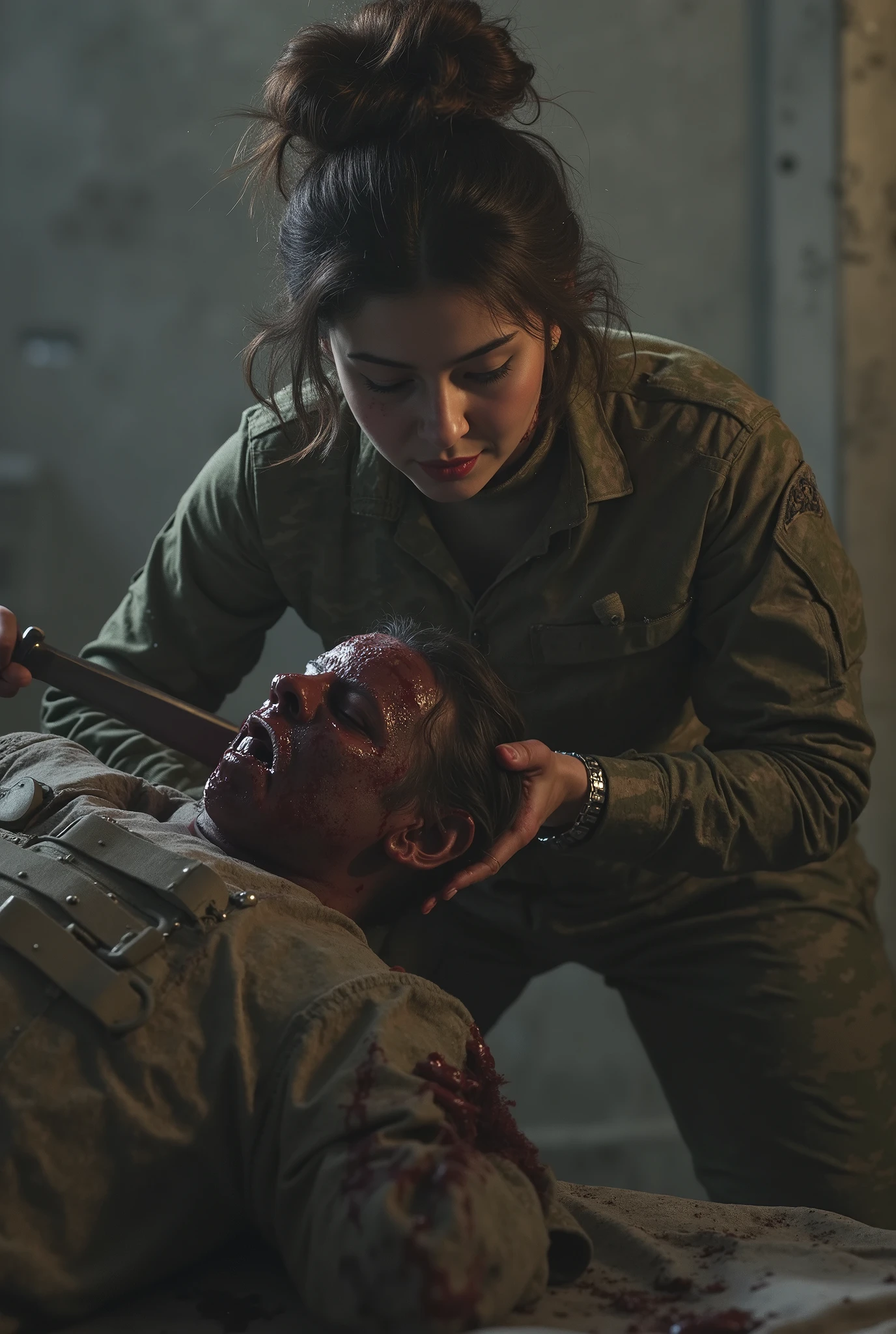 Realistic, real quality, beautiful woman, woman 20 year old, woman cuts neck boy, woman killing boy, blood splashed in neck boy, woman thick hair, woman hair bun very big, boy 25 year old, woman Delta force Camuflase white outfit, woman delta force armor, woman knife, woman complete with combat equipment, boy full face mask bondage