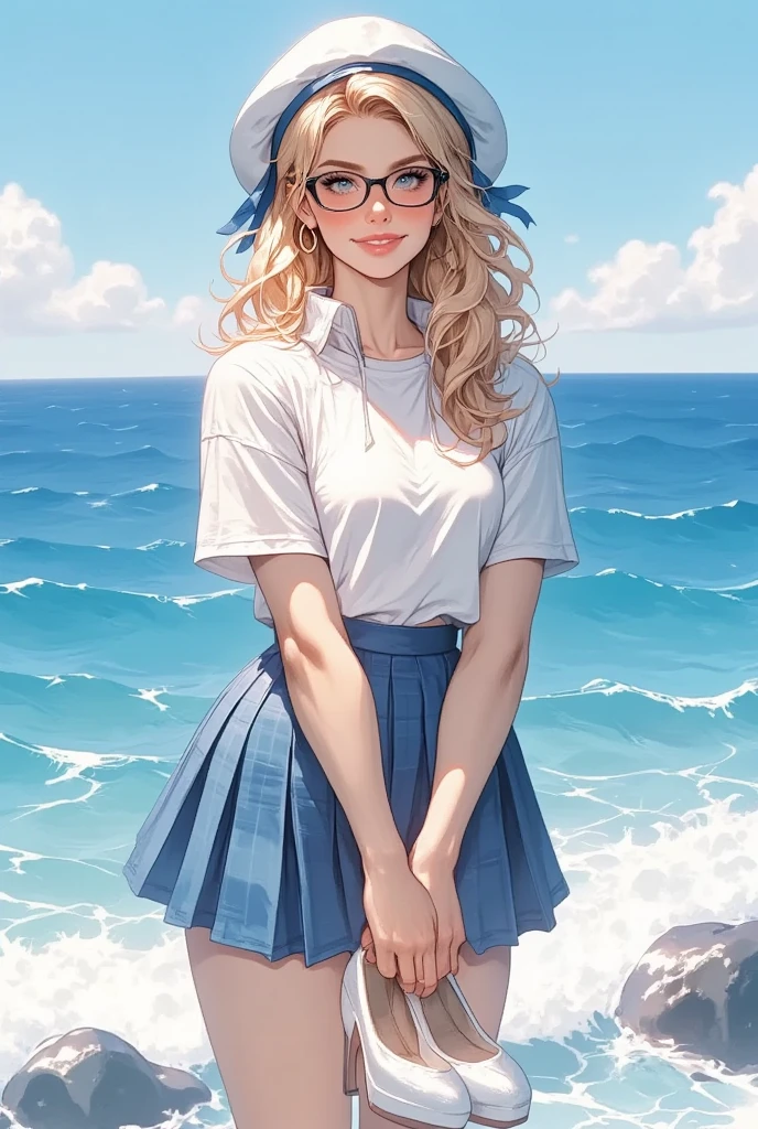 ((Highest Quality、masterpiece、high sensitivity、high resolution、detailed depiction、depicting a delicate face、Ｆvalue：6.0),((Slender Woman、wearing glasses)),Short sleeve hoodie、pleated skirt、holding high heels、 at the edge of the waves、with a happy smile、