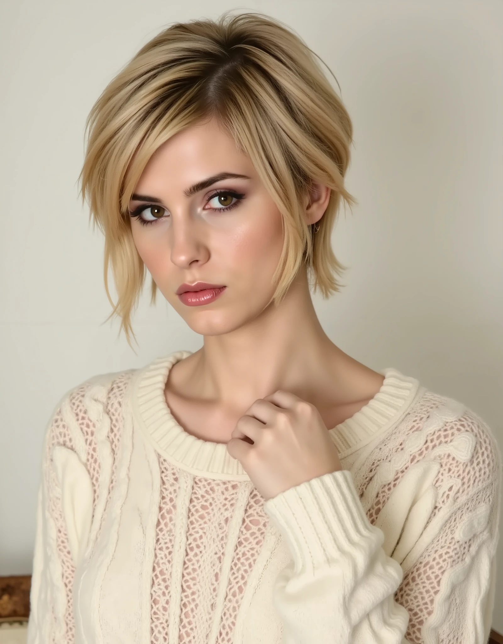portrait of woman, aran sweater, short pixie hair