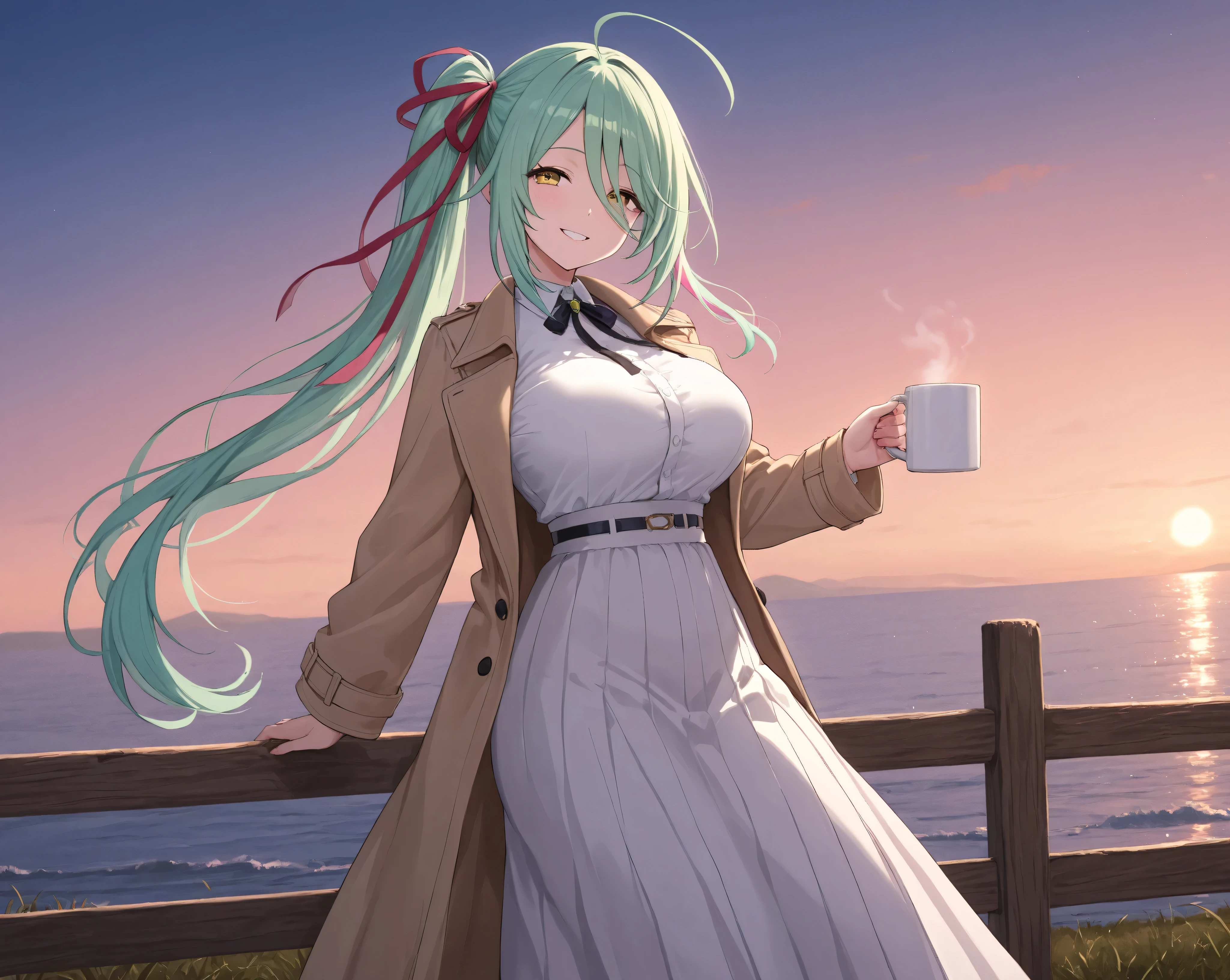 1 girl、side ponytail with emerald colored hair、long skirt with mug、evening、she has an ephemeral smile on a hill with an ocean view、big breasts and a trench coat、Hands on a fence