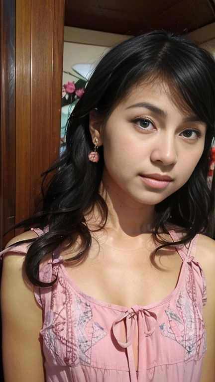 Gentle portrait of a beautiful Asian woman, flowing hair, captivating blue eyes, delicate features, radiant smile, natural makeup, elegantly dressed, ((Pink colour Boatneck Sleeveless Vintage Tea Dress)), ( hair adornment、bow ribbon、frilld、shairband、Jewelry Accessories ), gentle expression, slight blush, warm skin tones, fantastic lighting, soft shadows, high-resolution digital painting, realistic style, artistic interpretation, by a skilled portraitist.