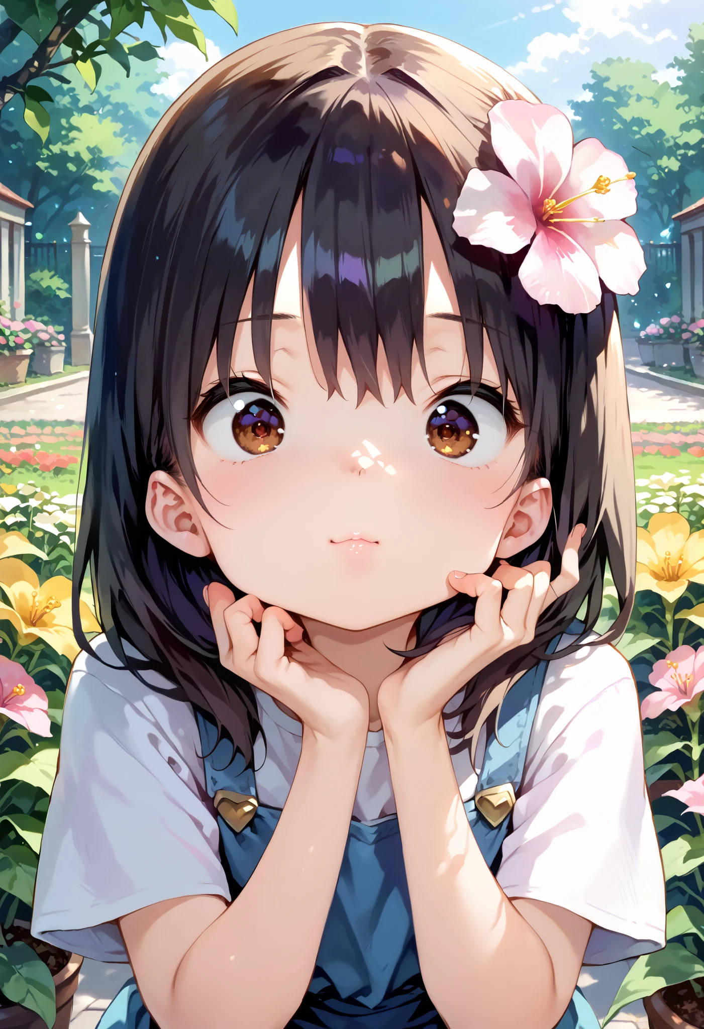 score_9, score_8_up, score_7_up, source_anime, masterpiece, absurd, perfect face, alone cute expression, perfect face, Ponsuke P , 1 girl on break day, alone, black hair , dark brown eyes , bright eyes, Cleft lip, , cute, garden, day, flower.