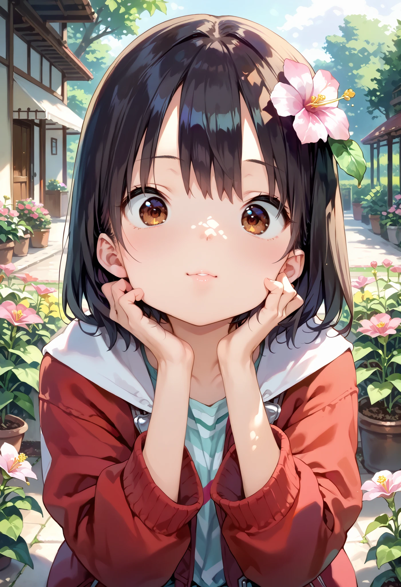   score_9,   score_8_up,   score_7_up, source_anime, masterpiece,  absurd,   perfect face, alone cute expression,   perfect face, Ponsuke P     ,   1 girl on break day, alone,  black hair ,   dark brown eyes , bright eyes, Cleft lip, , cute, garden, day, flower.  