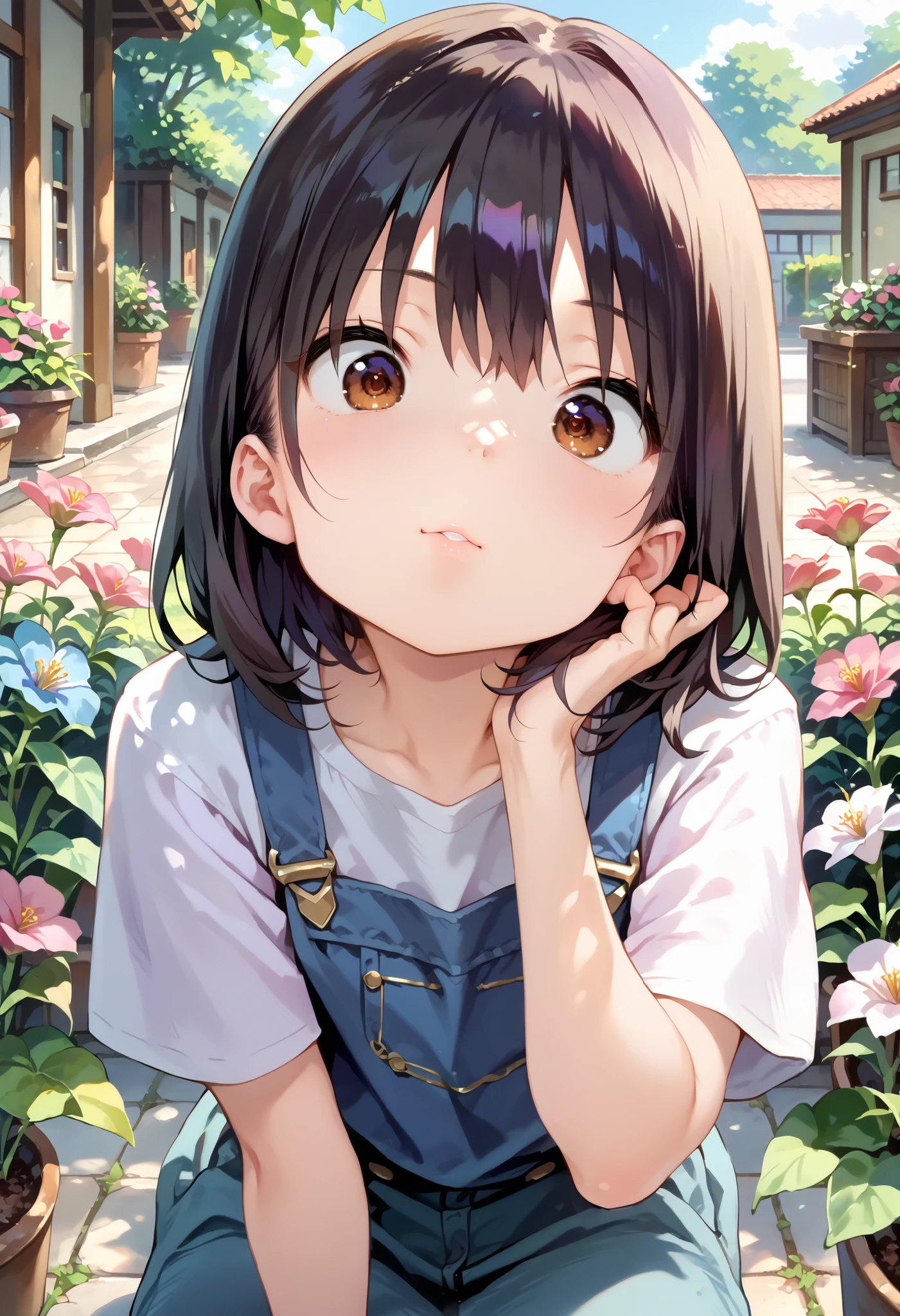   score_9,   score_8_up,   score_7_up, source_anime, masterpiece,  absurd,   perfect face, alone cute expression,   perfect face, Ponsuke P     ,   1 girl on break day, alone,  black hair ,   dark brown eyes , bright eyes, Cleft lip, , cute, garden, day, flower.  