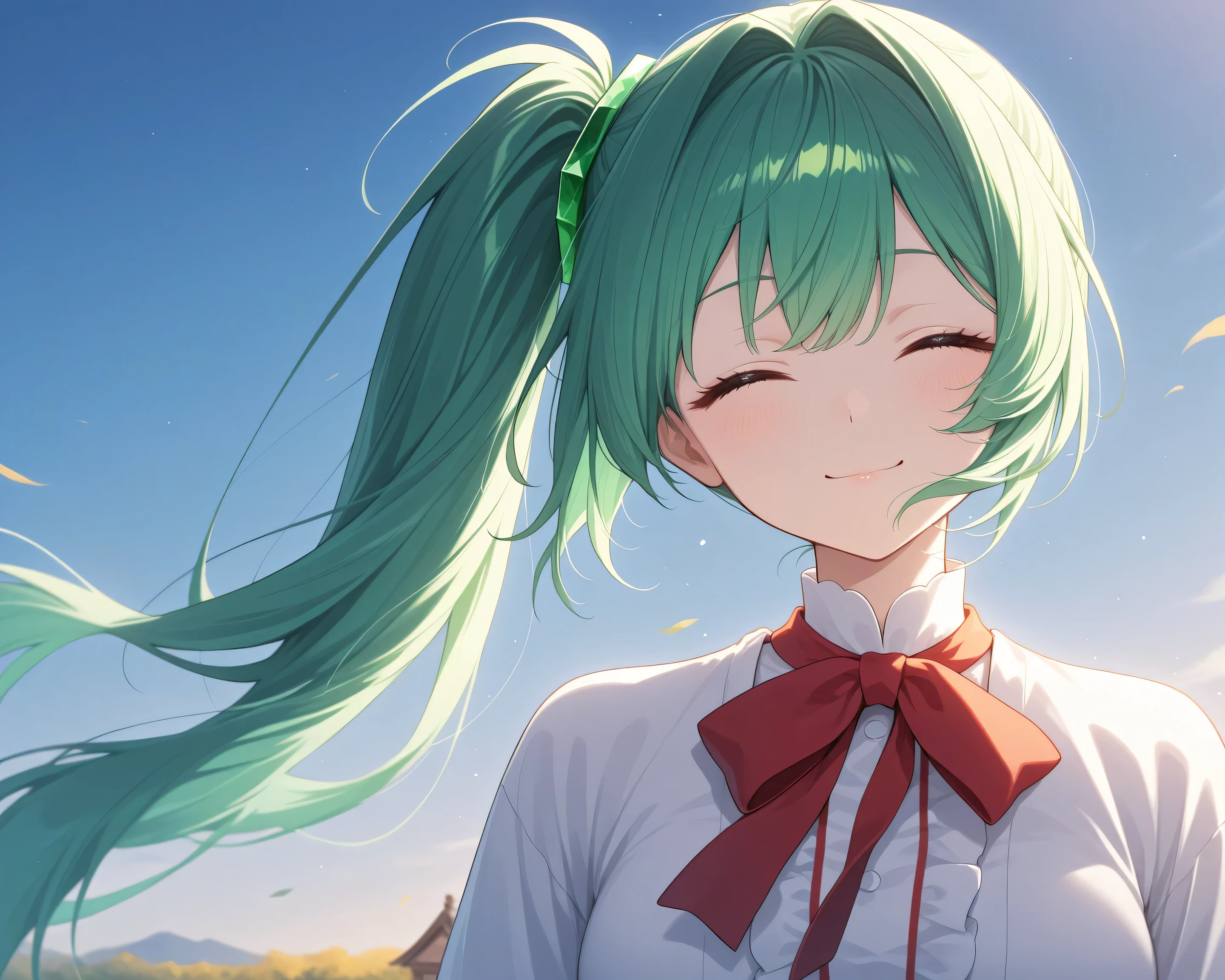 girl、 Shrine Maiden、emerald colored side ponytail、smiling with her eyes closed、blowing in the wind on the prairie