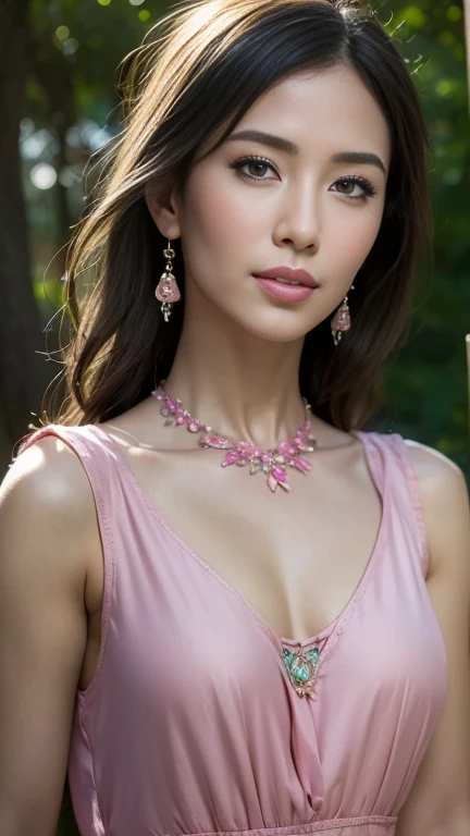 Fashion model 18 years old [[[[closeup cleavage]]]], [[[[boobgasm]]]], [[[[coll]]]], [[[[bshoulders]]]], perfect  eyes, Perfect iris，perfect lips，perfect teeth，Perfect skin，Long face，Soft front light，HDR，Pink clothing，White or pink flowers on the background，（pastel colour：1.2）