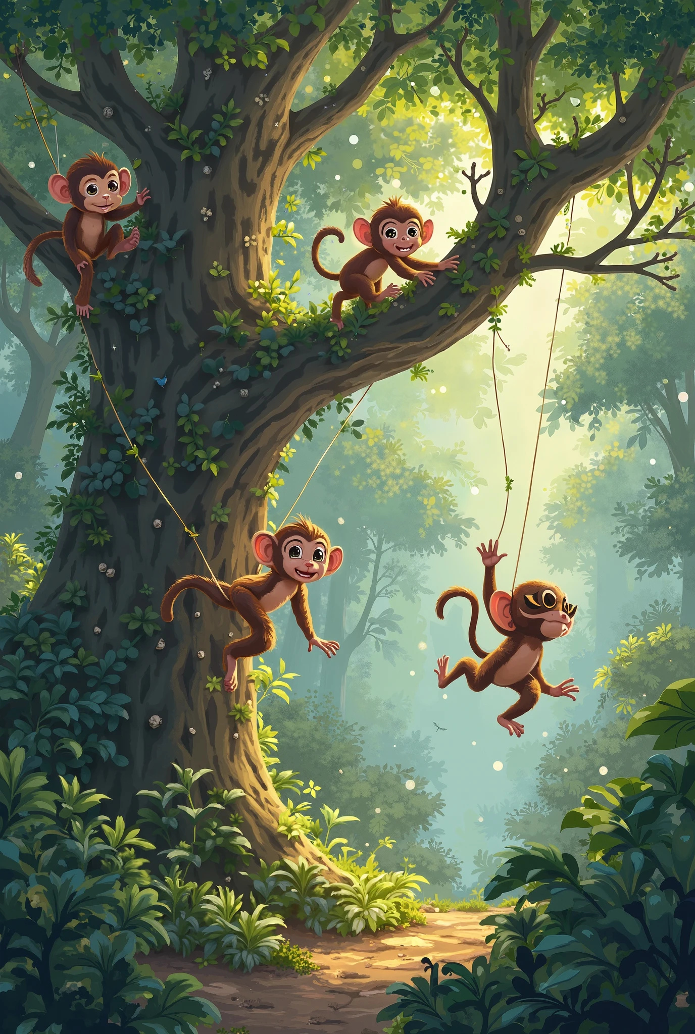 Envision a dense forest filled with lush vegetation. Vines climb the towering trees, while exotic flowers bloom in vibrant colors. Monkeys swing through the branches, while colorful birds flit through the leaves. The air is humid and warm, filled with the sound of insects and the distant roar of a jaguar. Anime style