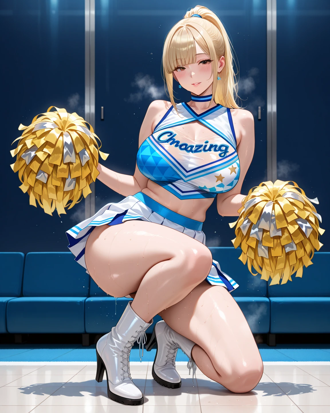 (masterpiece:1.5), (top-quality:1.5), (16k wallpaper:1.2), (Photo realistic:1.2), (ultra-detail art:1.2), (high resolution:1.2), (Highly detailed and realistic skin:1.2), (she spreads her slender legs), (On the mat in the school gym), asuna, blue eyes, long hair, halo, hair over one eye, 18-year-old cheerleader, Very detailed and beautiful sharp eyes, Powerful and beautiful eyeshadow, (Slender woman with body shape:1.2), Natural Color Lip, (long blonde high ponytail covering one eye), (white sleeveless cheerleading shirt:1.2), nsfw, (Ahe-face:1.3), (Overflowing sperm:1.2), (teal cheerleading miniskirt:1.2), (cum in pussy:1.5)、