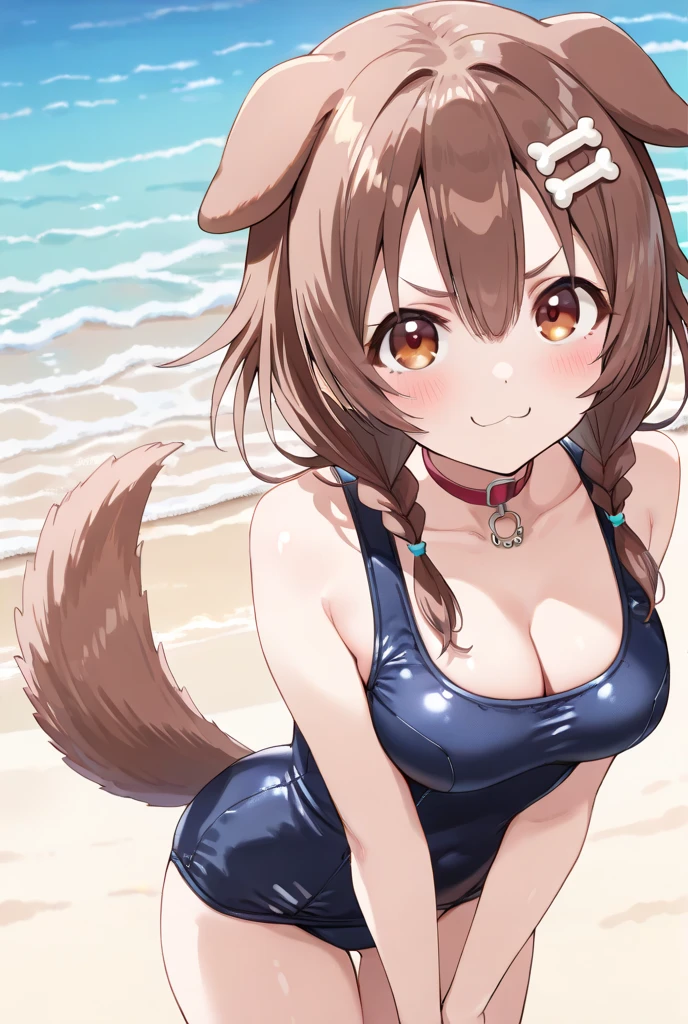 (huge breasts:1.4) (masterpiece) (high quality) (best quality) (1girl), (solo), (slim waist:1.3), (looking at viewer), Inugami Korone, vtuber, full body portrait, dog ears, pubic hair, detailed pussy, no top, detailed eyes, dog tail, on towel, beach, all fours, red collar, soft colors, mouth open, sweating, rear view