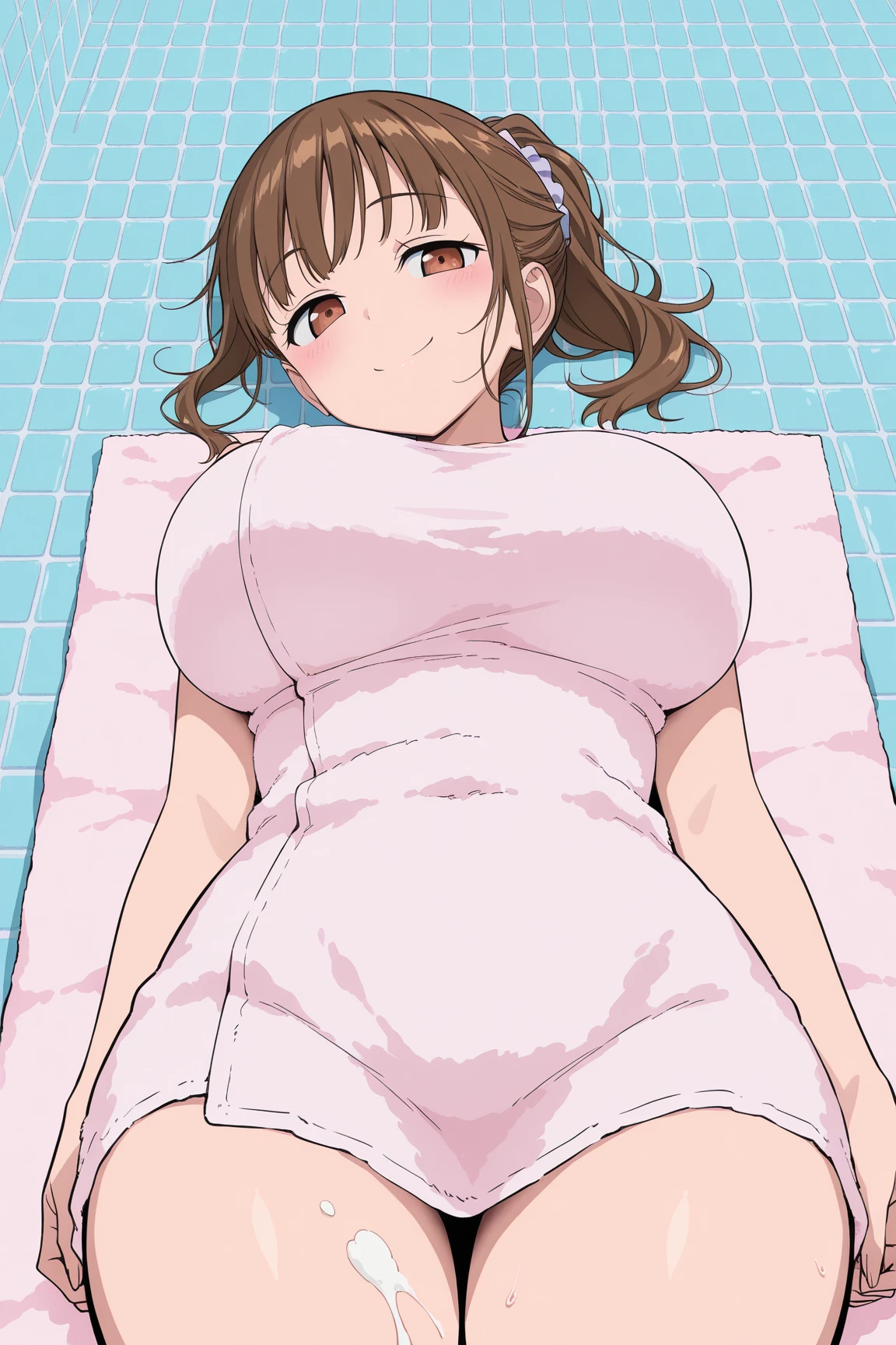 A girl wearing a one-piece swimsuit, Big booty, Curvaceous accentuated booty, Light Brown Hair,Blue Eyes,Muscular!!,short hair,Small breasts!!!!,Blushed,Troubled expression,steam,Sweat,Steam coming from the body,Chubby,Big Ass!!,Dog Pose!!!!,Don't bend your knees,Are standing,bending upper body,Eyes look up,She is saluting,Stuffy armpits,Thick body,Squat