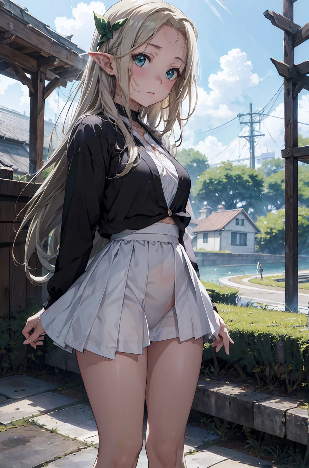 ((4k、8k、top-quality: 1.3、perfect fingers: 1.3、perfect anatomia: 1.3、Background blur))、(Transformation Sequence)、((kimono maid leotard、sixteen years old、a beautiful slender girl、a baby face、（straight long hair)))、Beautiful big drooping eyes、looking happy smile、Fractal art、Full Body Display、(soio)、knee high socks、blue sky and grass、