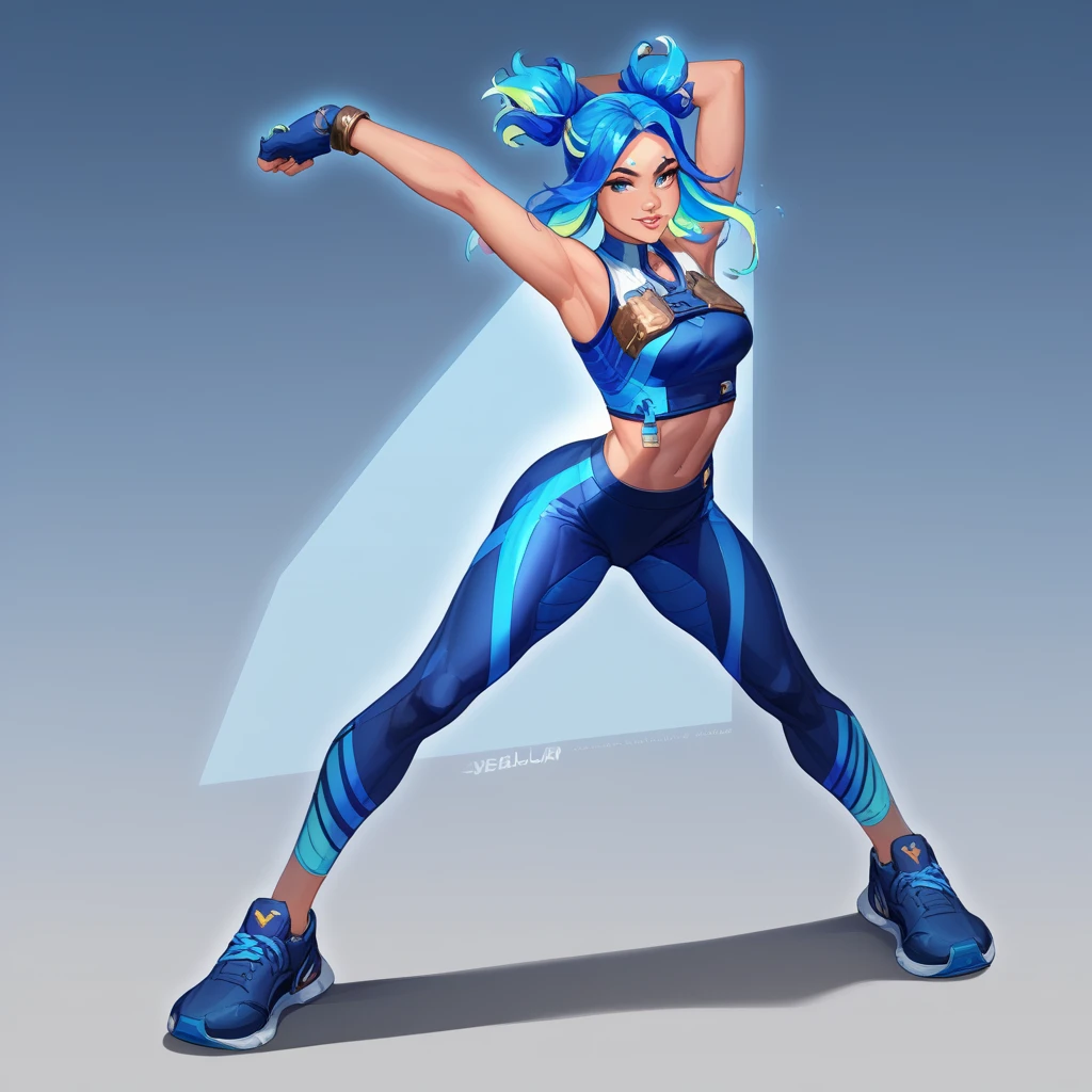modelshoot style award winning half body portrait of a woman in a croptop and cargo pants with ombre navy blue teal hairstyle with head in motion and hair flying, paint splashes, splatter, outrun, vaporware, shaded flat illustration, digital art, trending on artstation, highly detailed, fine detail, intricate