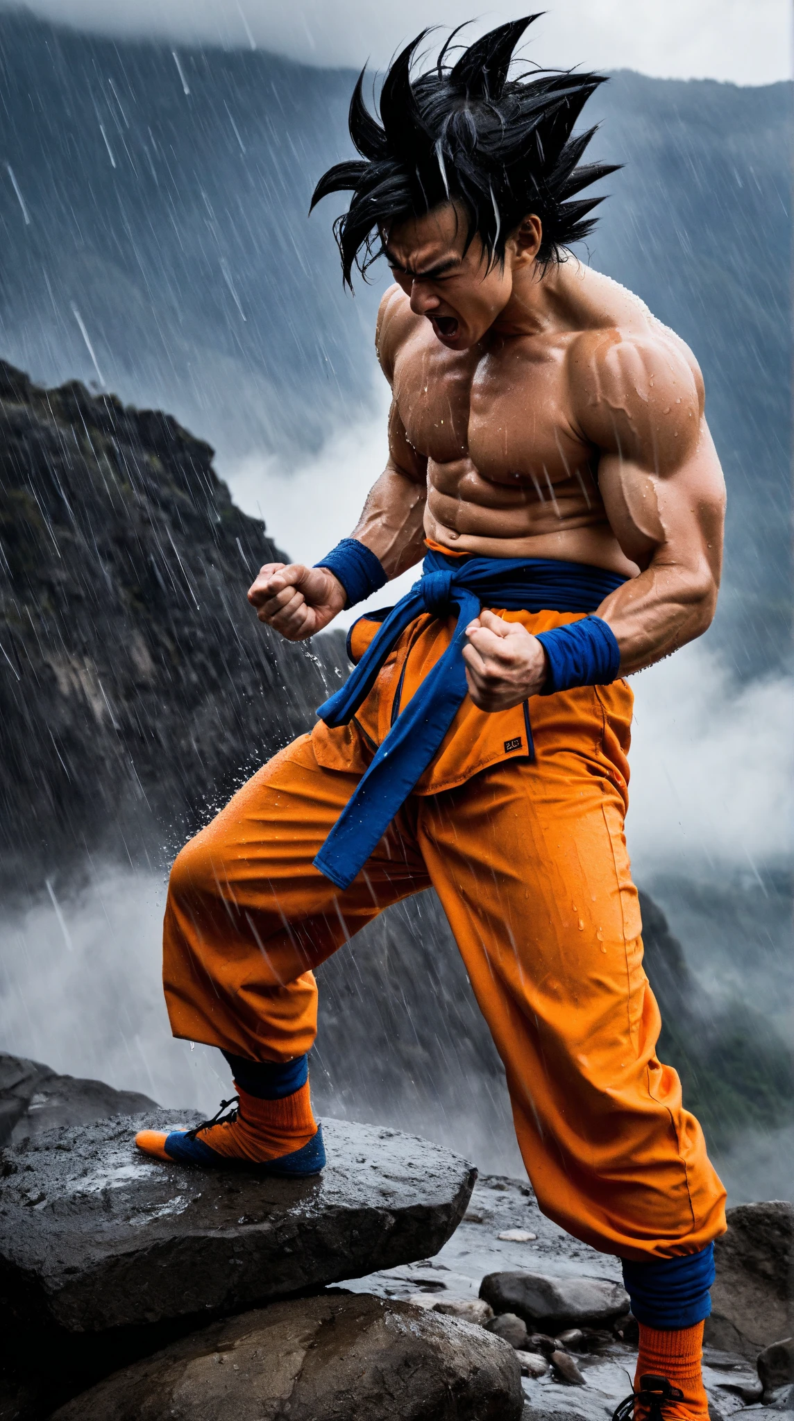 Goku, Adult man with long neon golden hair extremely muscular, defined muscles full of veins, dark orange colored clothing torn, blue bracelets on the wrists, serious face, neon green eyes, serious expression, muscle definition, large shoulders, rounded biceps, unreal engine 5.8k.