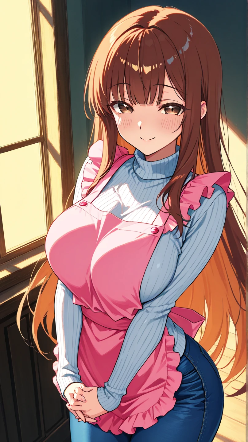 masterpiece, best quality,8k wallpaper,(kunikida hanamaru:0.999), (long hair:0.888), (breasts:0.878), (brown hair:0.875) ,(large breasts:1.0) ,cowboy shot, standing, smile, (blushing:1.2), exposing dress, exposed side breasts, queen tiara 