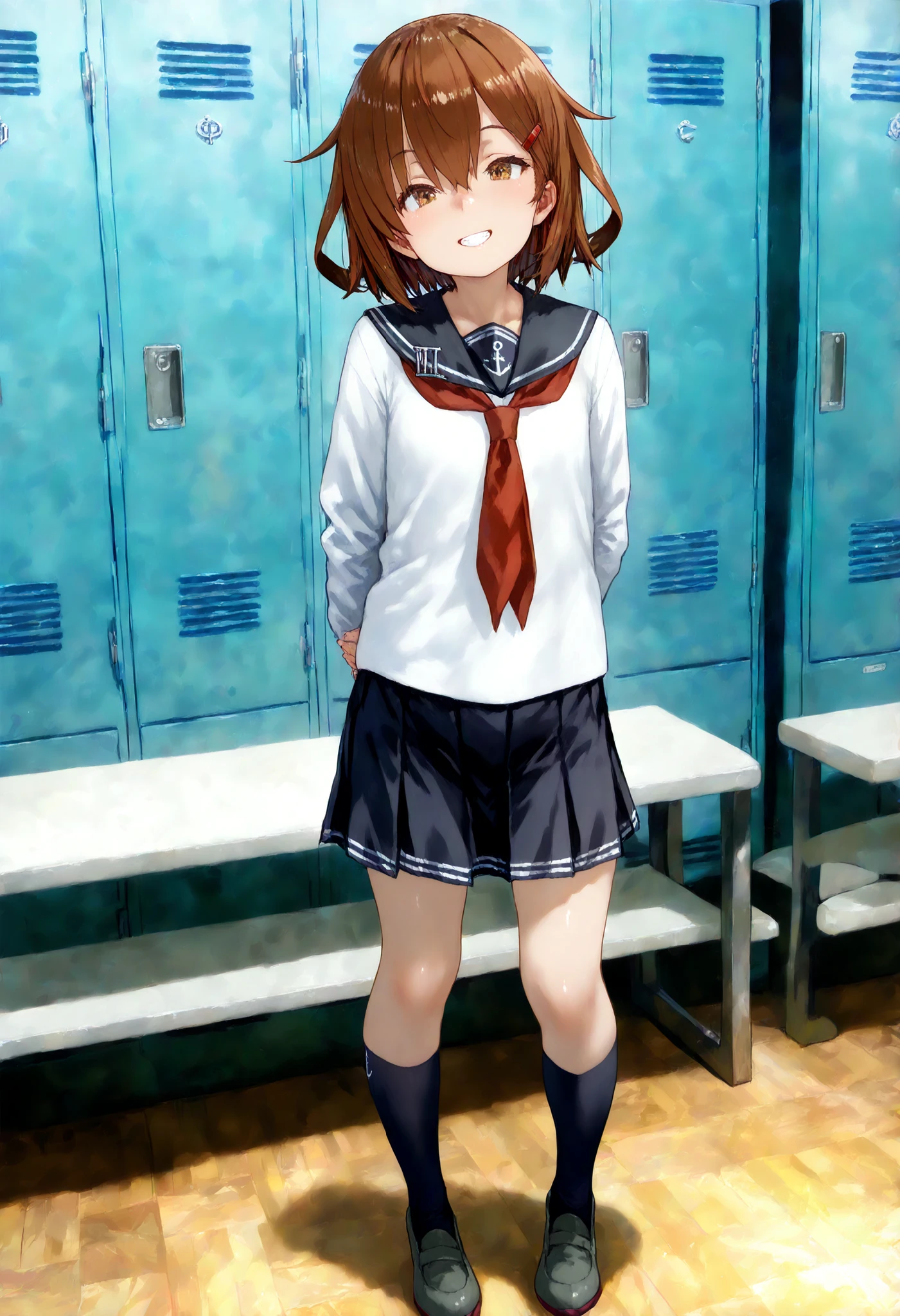 thunder \( Kantai Collection\), ikazuchi (kancolle), Highest Quality,  great quality ,   very aesthetic ,   is ridiculous,, Ponsuke P     ,
 1 girl on break day, thunder \( Fleet \),   Brown Hair,  short hair,  brown eyes in the bedroom,  hair clip, teeth,
anchor symbol,   black sailor color,   long sleeve  ,  neckerchief ,  uniform ,  Sera Clothing,  pleated skirt,
  place your hands on your back , smile, full body,  viewers, alone,   simple background,   locker room background ,    