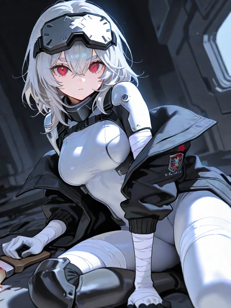 high quality, Realistic, cyberpunk, prison, (Futuristic, severe), woman wearing a straitjacket, 30-years old, white rough hair, Full body, lap belt, cangue, eye mask, a choker, respirator, gas masks, Cuffed, Purple Mesh, Black Strait Jacket, chains,