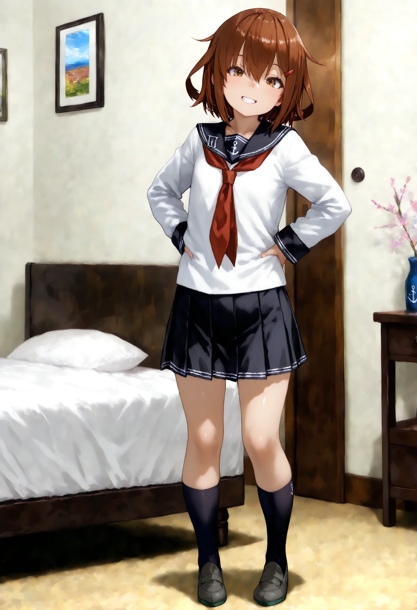 thunder \( Kantai Collection\), ikazuchi (kancolle), Highest Quality, great quality , very aesthetic , is ridiculous,, Ponsuke P ,
1 girl on break day, thunder \( Fleet \), Brown Hair, short hair, brown eyes in the bedroom, hair clip, teeth,
anchor symbol, black sailor color, long sleeve , neckerchief , uniform , Sera Clothing, pleated skirt,
place your hands on your back , smile, full body, viewers, alone, simple background, white background ,