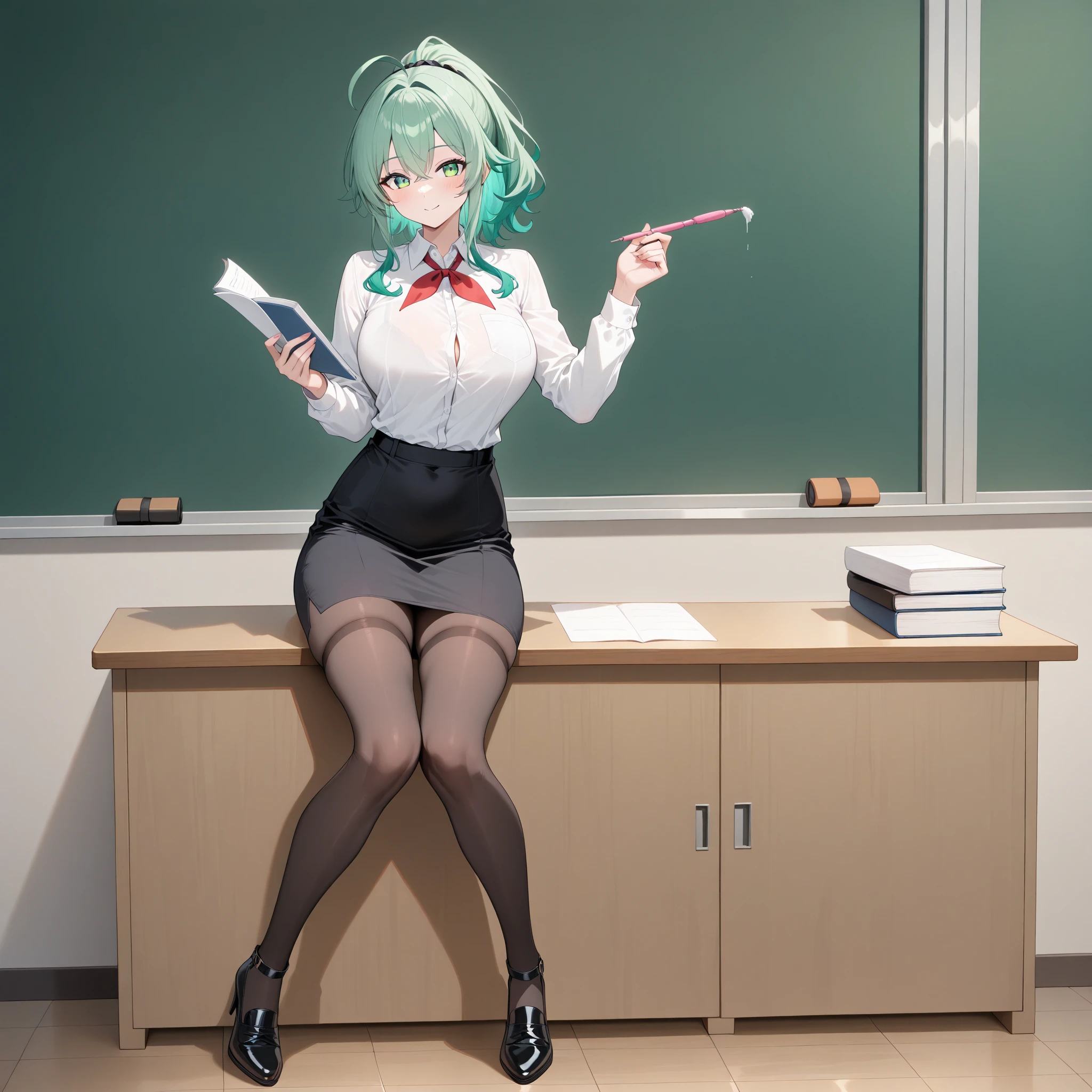 (masterpiece, best quality, highly detailed, ultra detailed, high resolution, absurdres, 4K, 8K:1.2), (official art, incredibly fine illustration, extremely detailed CG, detailed background, professional lighting, dynamic angle, perfect hands, detailed shiny skin, detailed hair, detailed eyes), 1woman, mature woman, tatsumaki, 25-year-old, short green hair, green eyes, glowing eyes, glasses, huge breasts (ample breasts:1.2), class room, blackboard, business suit, (White formal shirt(The front of the shirt is open:1.1),(breast cleavage exposed:1.1)), black tight skirt (officer style), ((black pantyhoses)), blazer, Shiny skin, Right hand gesture pointing at blackboard, woman's gaze is a blackboard, (sitting in her desk，crossedlegs:1.4)
