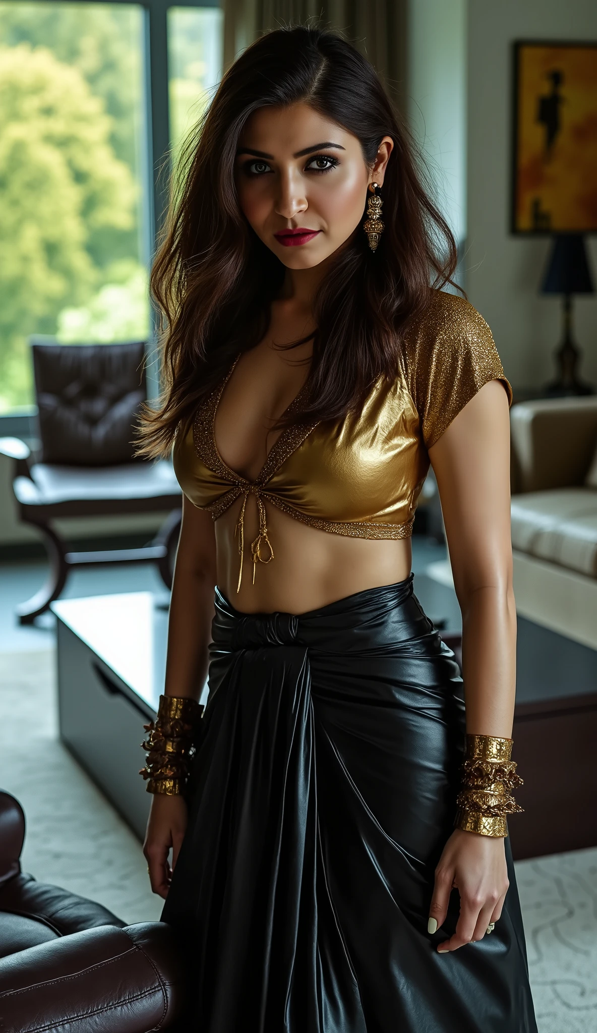 Anushkasharma, super detailed, black leather saree, golden leather blouse, (gothic makeup), goth, heavy goth face makeup, eyes gothic makeup, lipstick, medium , bold and seductive mistress pose, evil lusty expression, modern apartment living room background, summer afternoon, looking at viewer with seduction and lust
