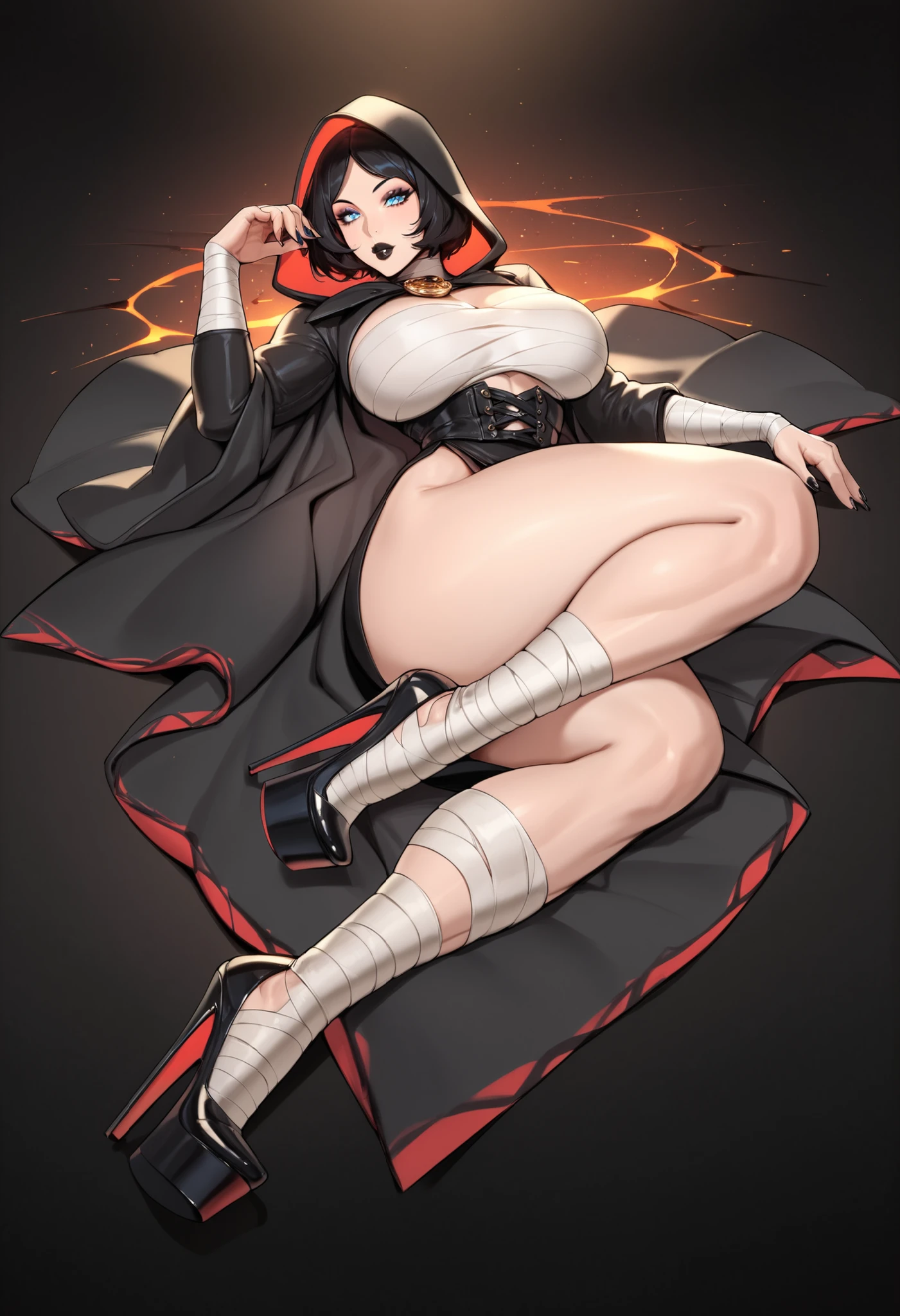 masterpiece, top-quality, high_resolution, fine detailed, highly detailed and beautiful, Distinct_image, 1 rapariga, 独奏, , A dark-haired, red eyes, (huge-breasted), (tits out),(Sister Costumes),(veils), chies,Monastic uniforms,long slit,(thighhigh),((Red Moon)),Full body,Arms behind your head, , {Spread legs}, archaeology, Crab crotch,(Hill of Swords)