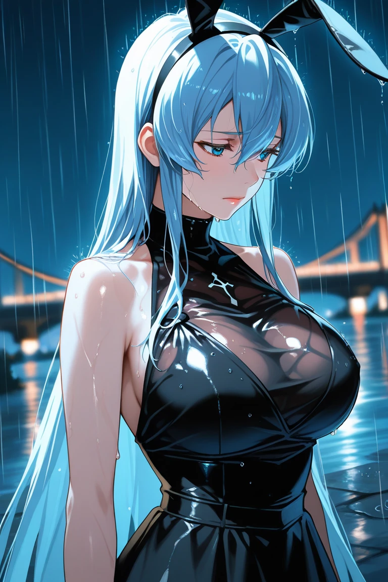 彼女はPeeをしている、8k、、Highest quality、Tabletop、Ultra HD、Ultra-detailed、so beautiful、Ultra-detailed髪質、so beautiful、Portrait、Esbian all over、Captivating look、Beautiful woman、Long Blue Hair、blue eyes、Glowing Skin、bursting breasts、Very large breasts、Very big ass、Water droplets running down the skin、The background is a great night pool、Excessive pubic hair growth、Shiny dark blue rubber suit、Pee、Peeing、Squirting from the private parts、Posing to excite men