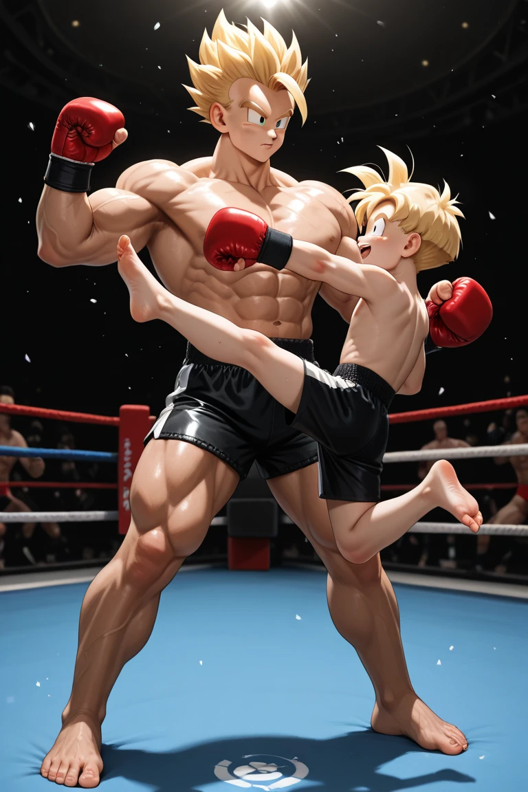 masterpiece, best quality, ultra-detailed, illustration, ultra-detailed face, best quality face,1boy, , boxer, tomgirl, bully, short hair, strong, muscular abs, tough expression, sporty build, tall, professional martial artist, amber brown eyes, mean smile, champion, brown hair, confident, strong, fighter, dominant, ready to dominate the opposition, naked, topless, wicked, evil, vicious, dominant look in his eyes, he's a predator, boxing gloves, boxing ring, violent, angry, wide shoulders, strong arms, muscular thighs, ripped muscles.