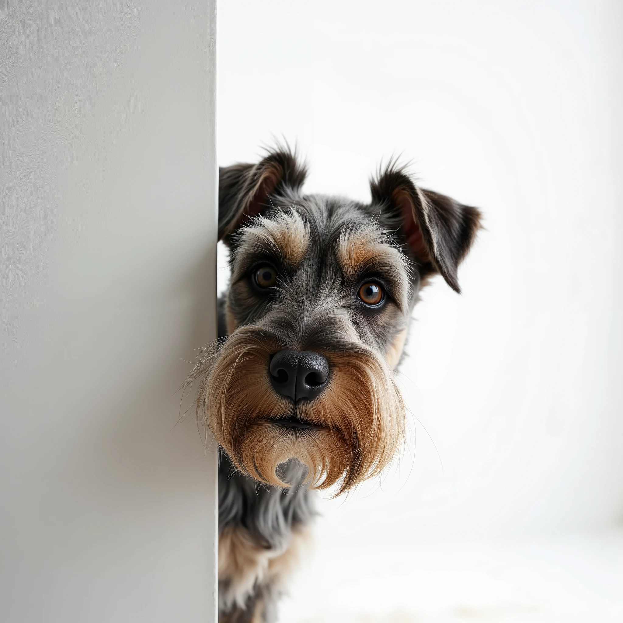 the risenschnauzer seems to be peeking out of the edge on a white background
