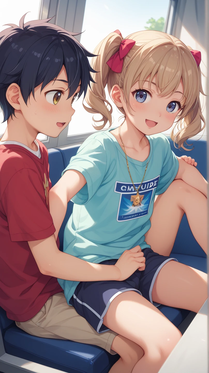 masterpiece, Highest quality, so beautiful, Absurd,High resolution,One girl, ((((One boy)))),Cuddling in bed, like,sexy,Look at each one, blush,Age difference,bow tie,Blonde,chest,Long Hair,Pink Hair,pleated skirt,Tucked in shirt,short hair,skirt,smile,Tent shirt,bare bra,NSFW,