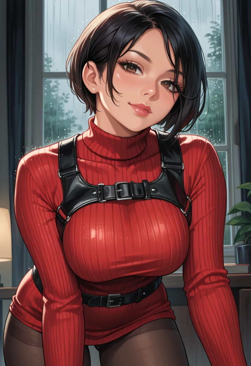 score_9_up, score_8_up, score_7_up, 1girl, solo, mature female, ((Mikasa Ackerman)), ((black very short hair)), ((black pixie cut)), black eyes, pink lips, fit slim body,(((perfect erected medium breast))) (((pink tight short top, tight jean shorts, black harness))), (((highly detailed bedroom, window, bed))), perfect fit model body, wide hips, shy smile, seductive pose