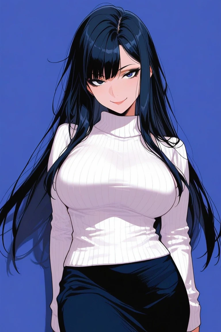 masterpiece,1 woman,black long hair,black eye, White skin,sweater,jeans